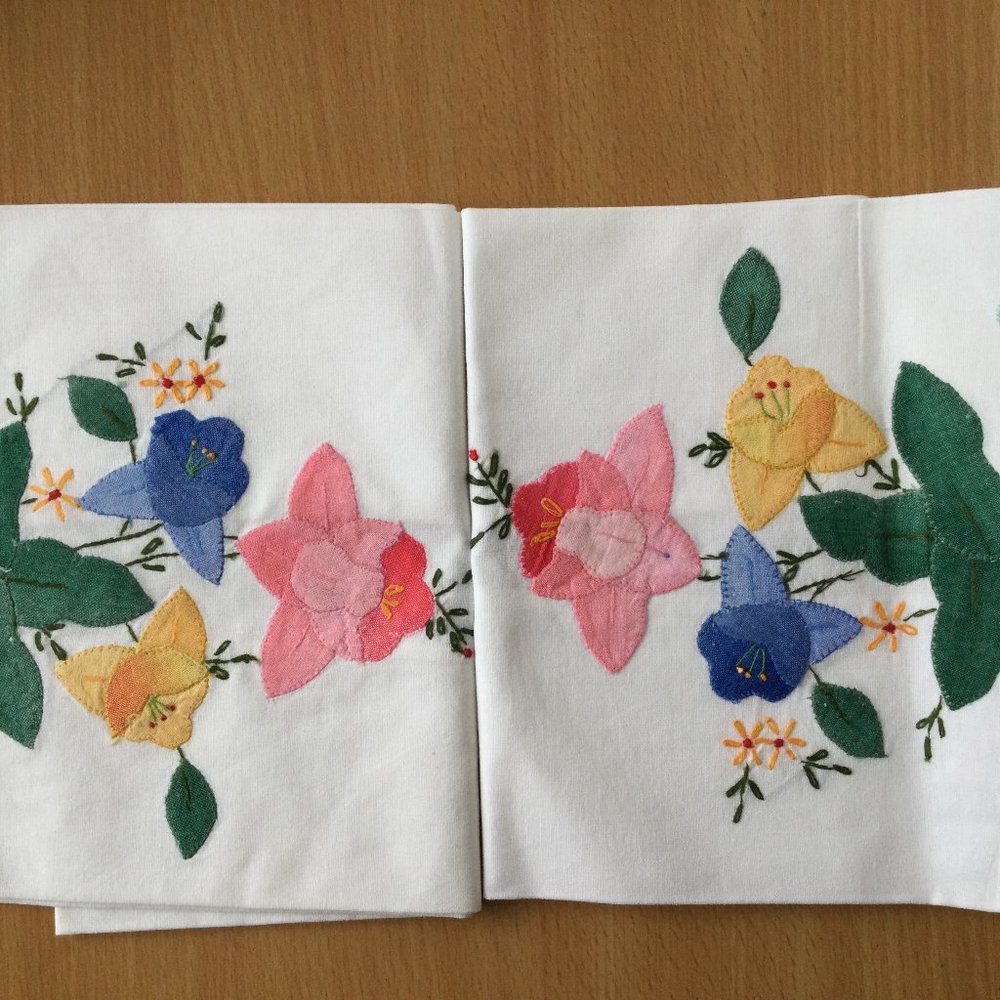 Two handmade table napkins hand embroidery with applied flowers table decor